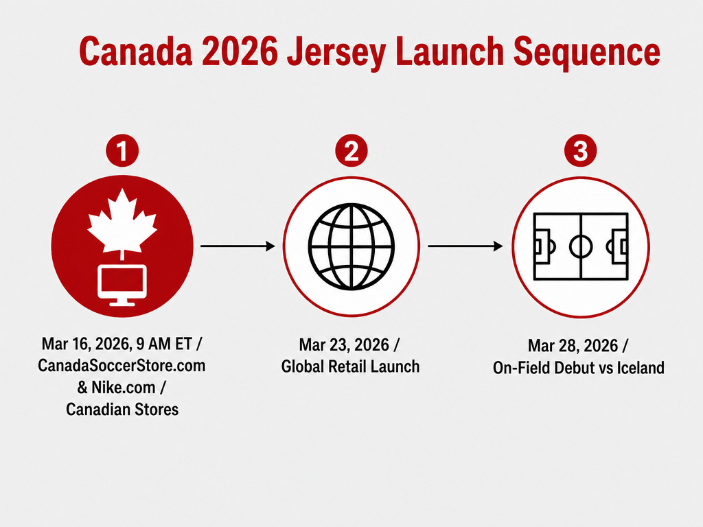 Timeline diagram for the Canada 2026 World Cup jersey launch dates.