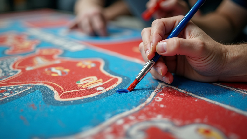Close-up of hands painting a detailed soccer tifo banner for a rivalry match.