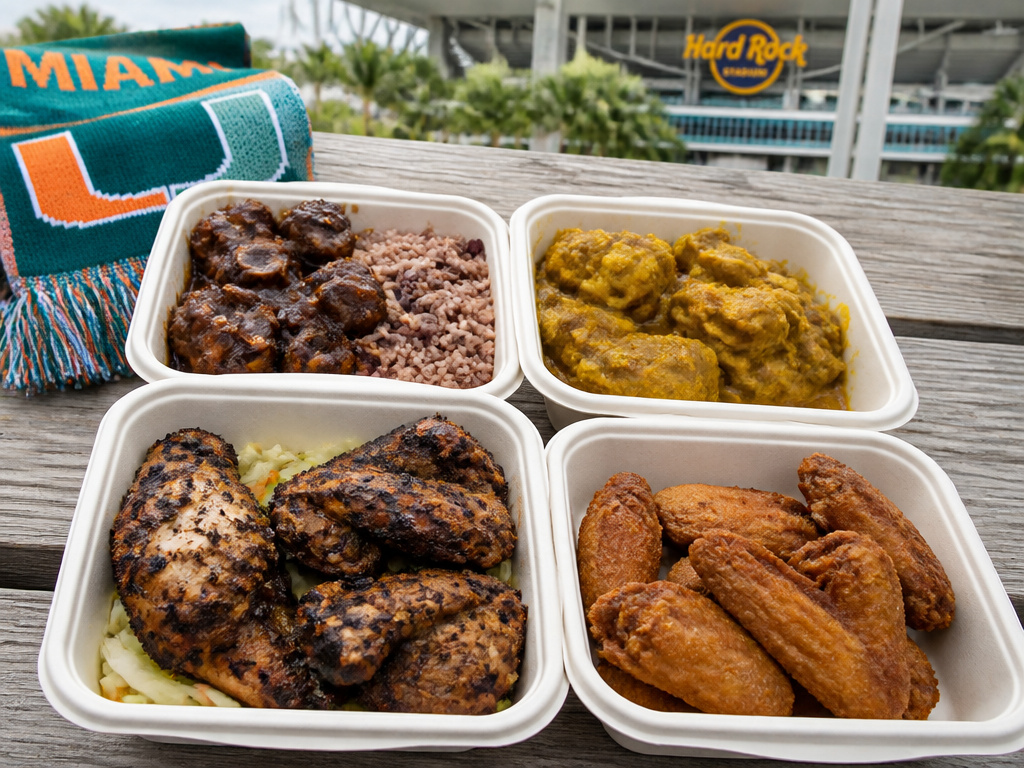 Hearty Caribbean takeout meals for a World Cup match near Hard Rock Stadium.