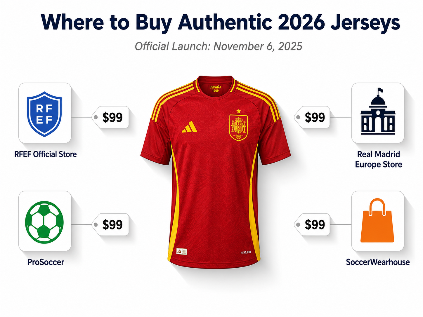 Infographic showing authorized retailers and pricing for Spain's 2026 World Cup jersey.