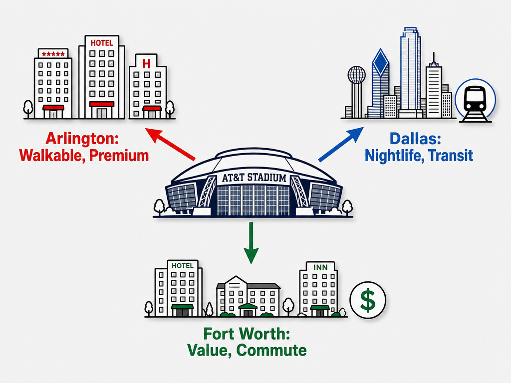 Infographic comparing 2026 World Cup hotel locations near AT&T Stadium.