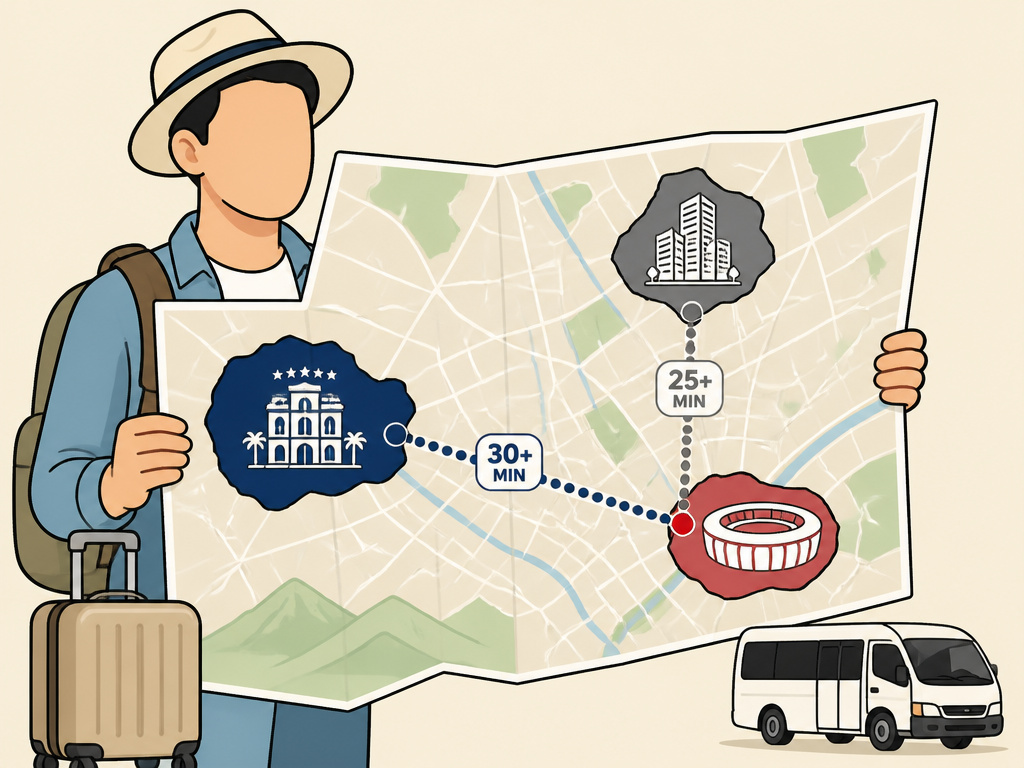 Cartoon map comparing Monterrey neighborhoods for 2026 World Cup lodging logistics.