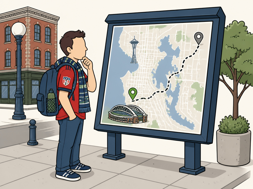 Cartoon comparing a convenient hotel near Lumen Field versus a distant suburb.