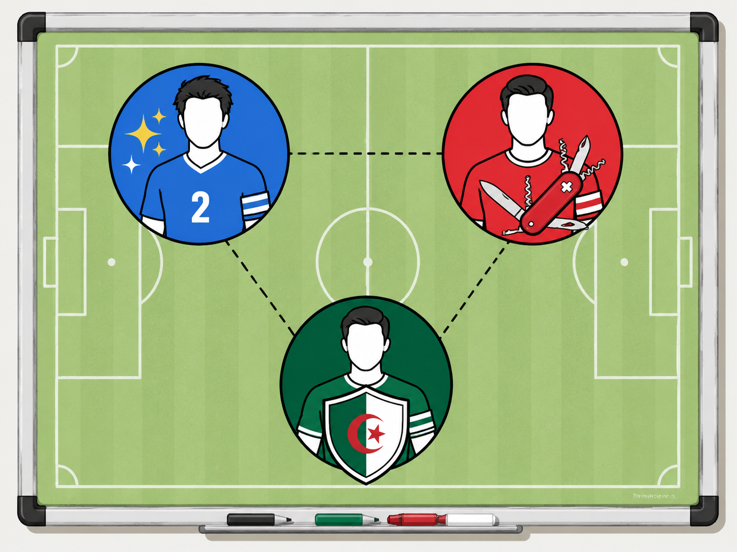 Stylized icons representing three World Cup captains in a tactical duel.
