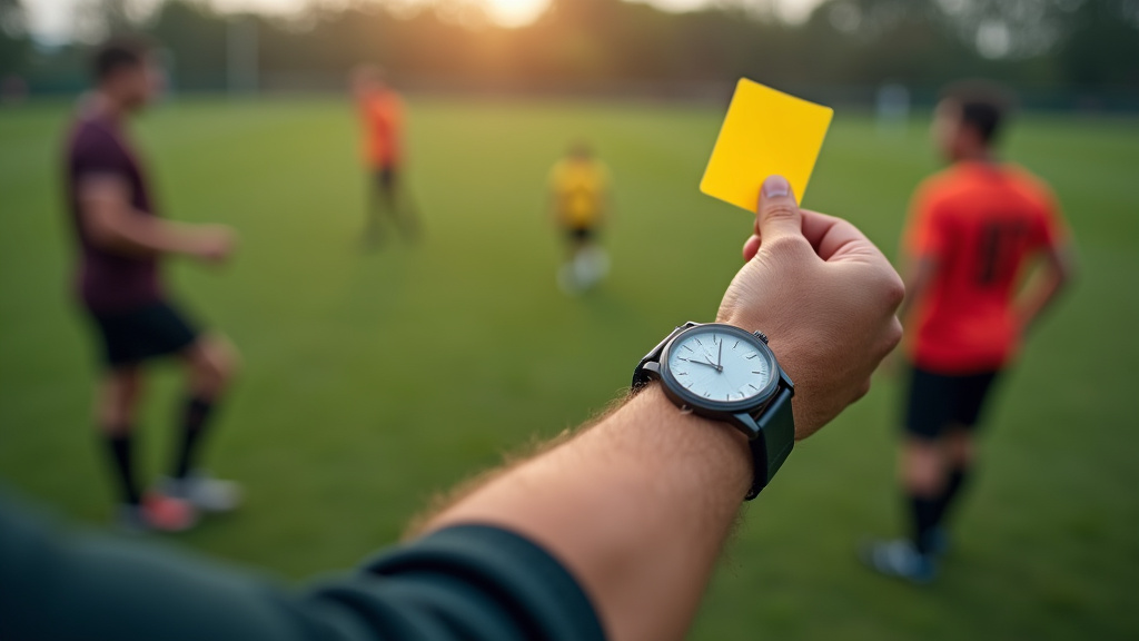 Referee showing yellow card to player while checking stoppage time on watch