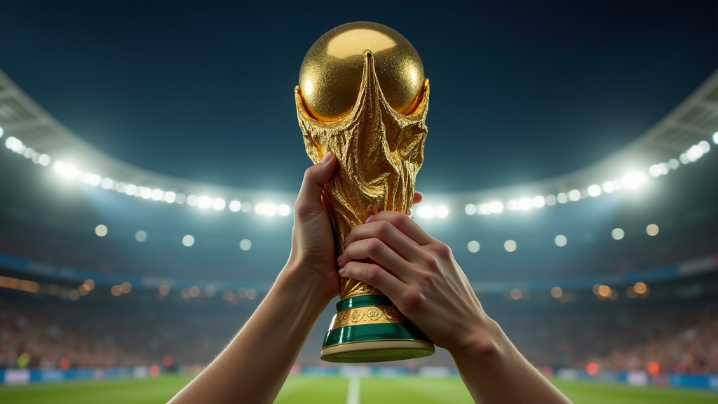 Close-up of bare hands holding the World Cup trophy after a victory.