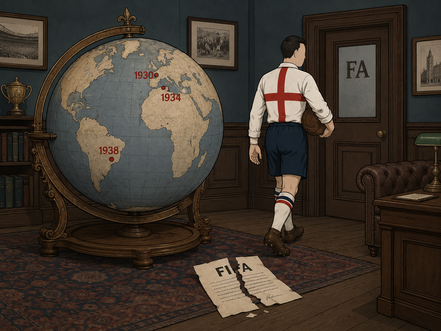 England turning its back on early World Cup globes in a historical cartoon.