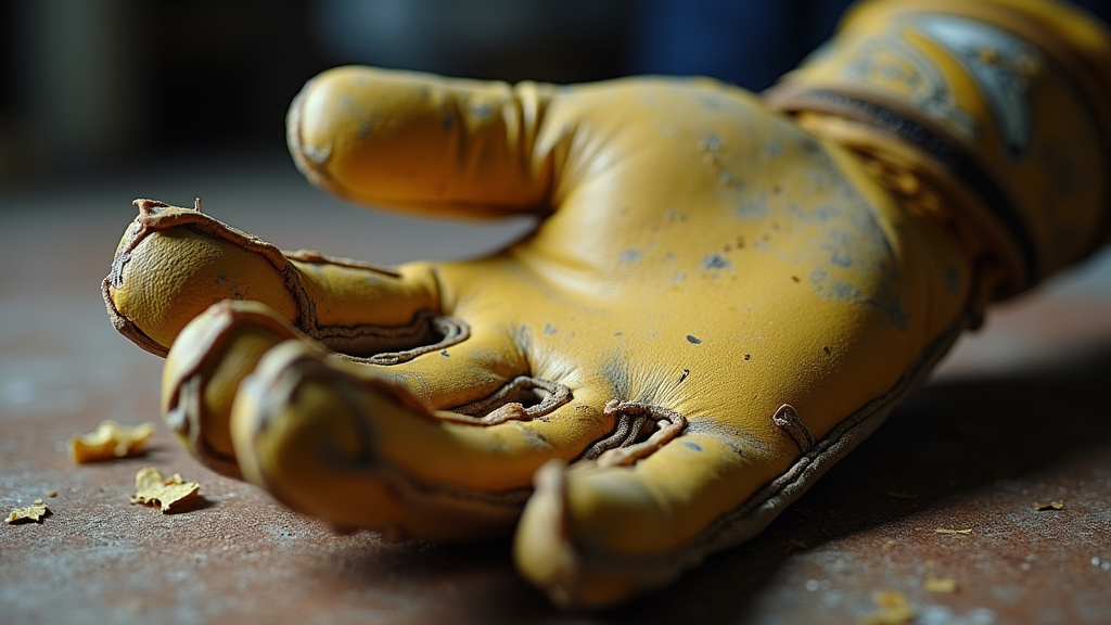 Close-up of cracked and peeling latex on a dried goalkeeper glove palm