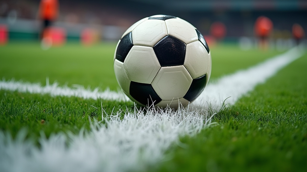 Close-up of soccer ball on a crisp 12cm wide field line for visibility and VAR accuracy.