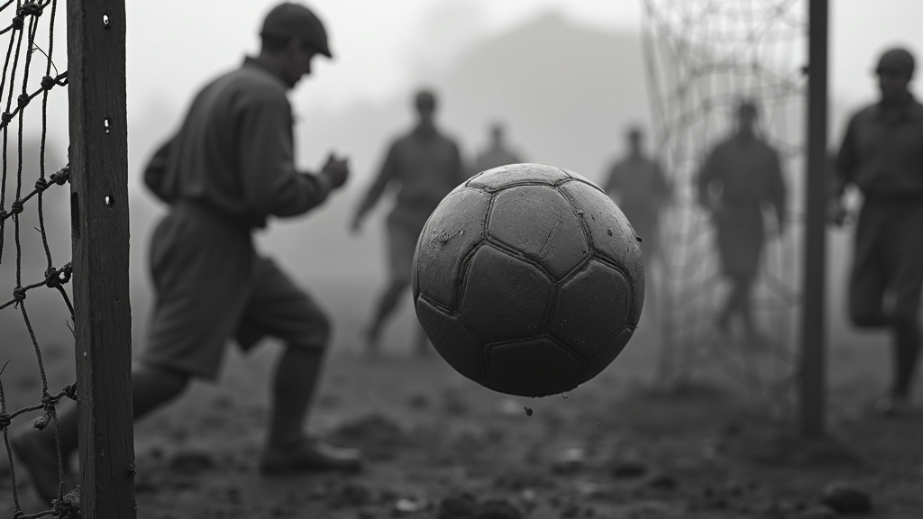 Historical chaotic soccer match with vintage ball and simple goal frame.