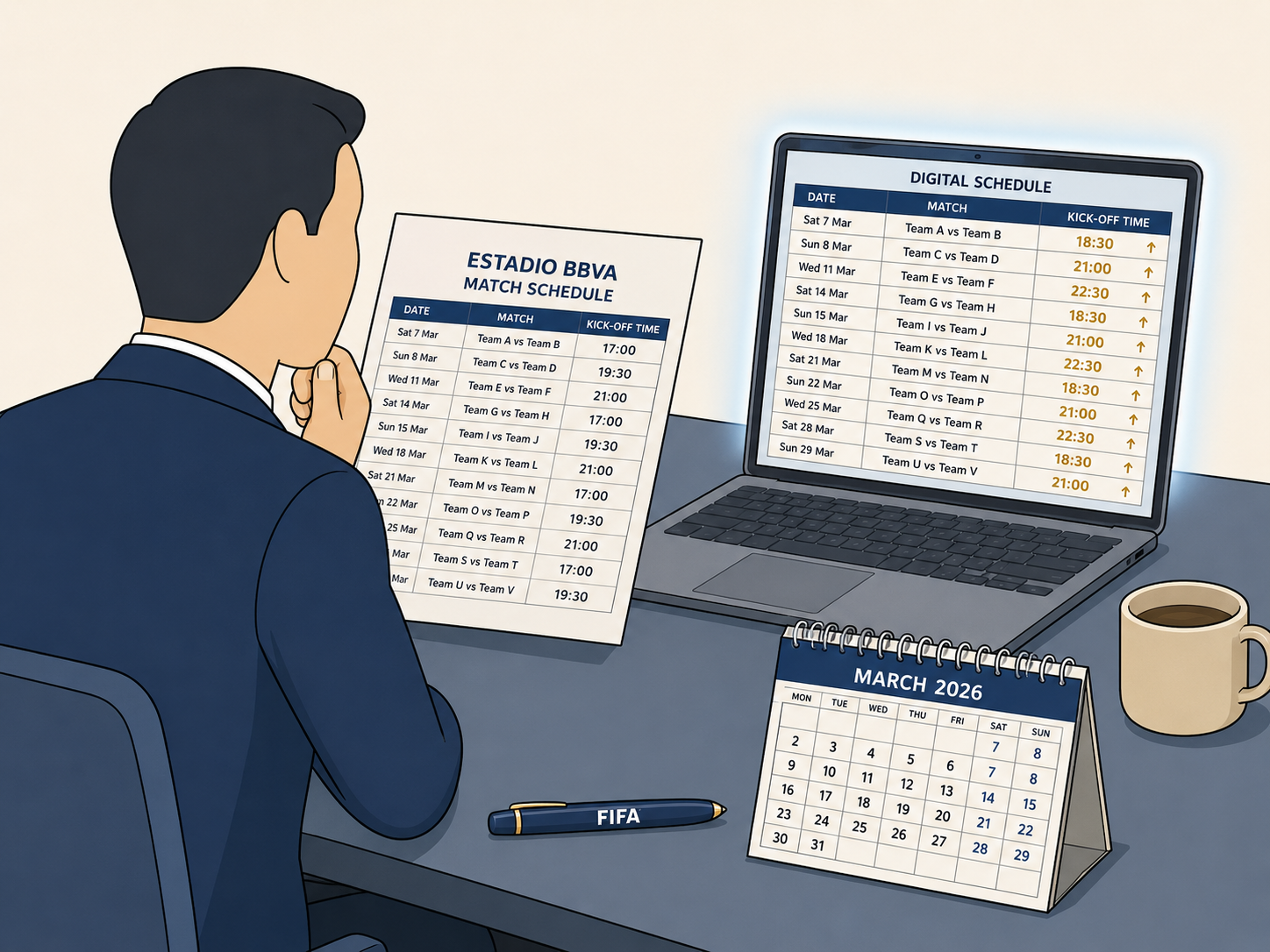 Stadium official comparing printed and digital World Cup 2026 schedules.