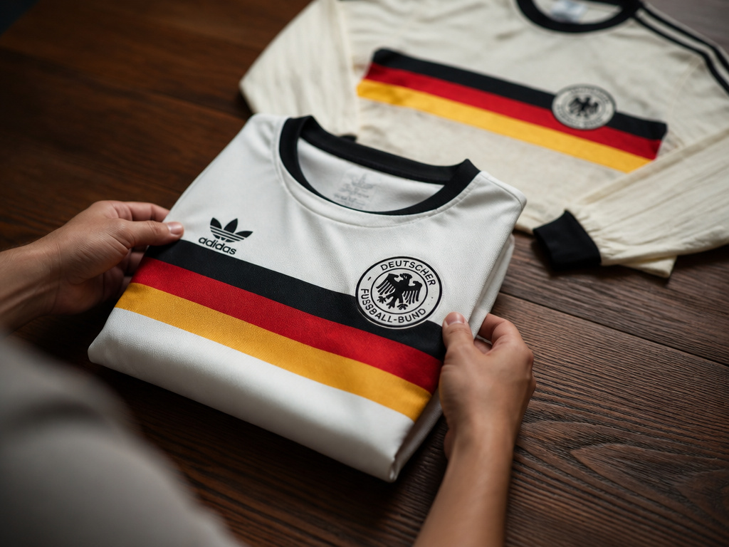 Hands folding the final Adidas Germany football jersey for the 2026 World Cup.