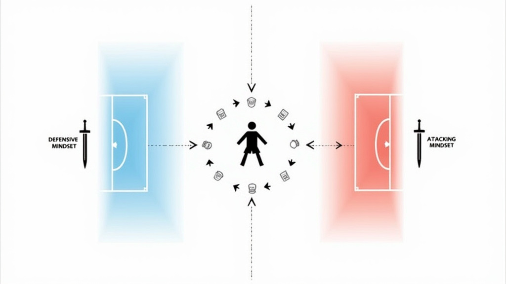 Box-to-box midfielder diagram showing constant mental switching between attack and defense