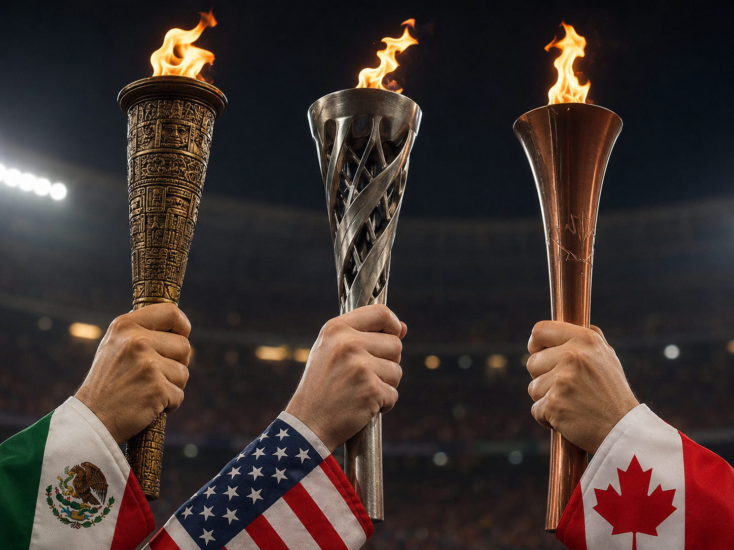 Three national torches lit for the unprecedented 2026 World Cup opening ceremonies.
