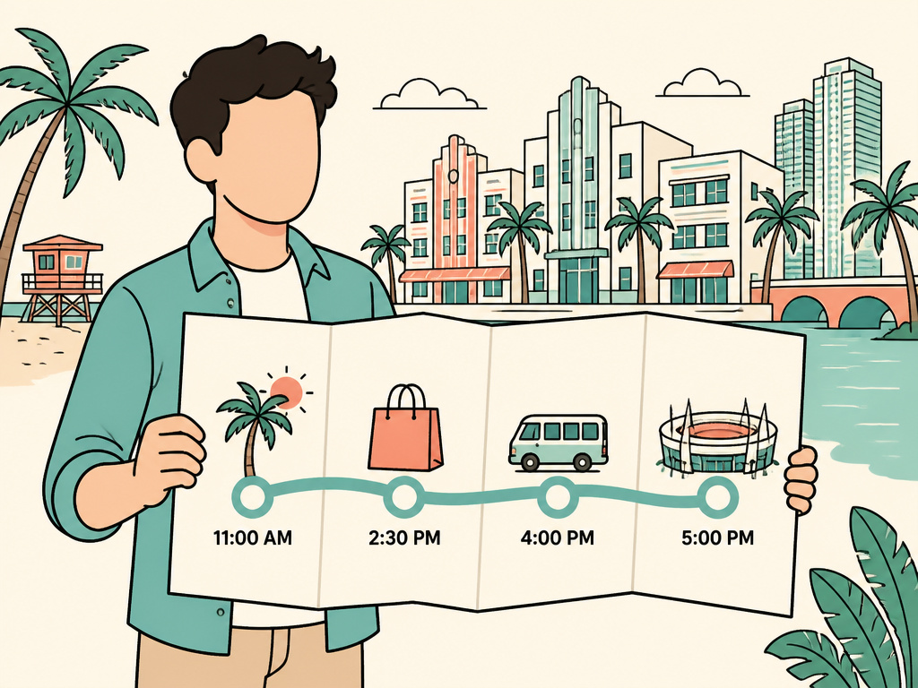 Illustrated timeline for a World Cup match day near Hard Rock Stadium.