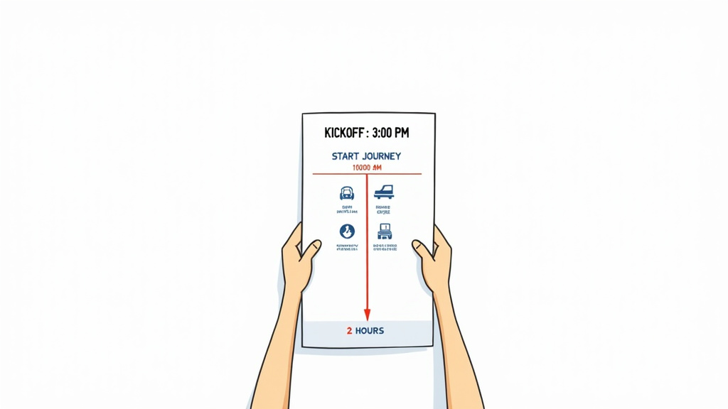 World Cup fan match-day timeline illustration showing five-hour pre-kickoff plan.